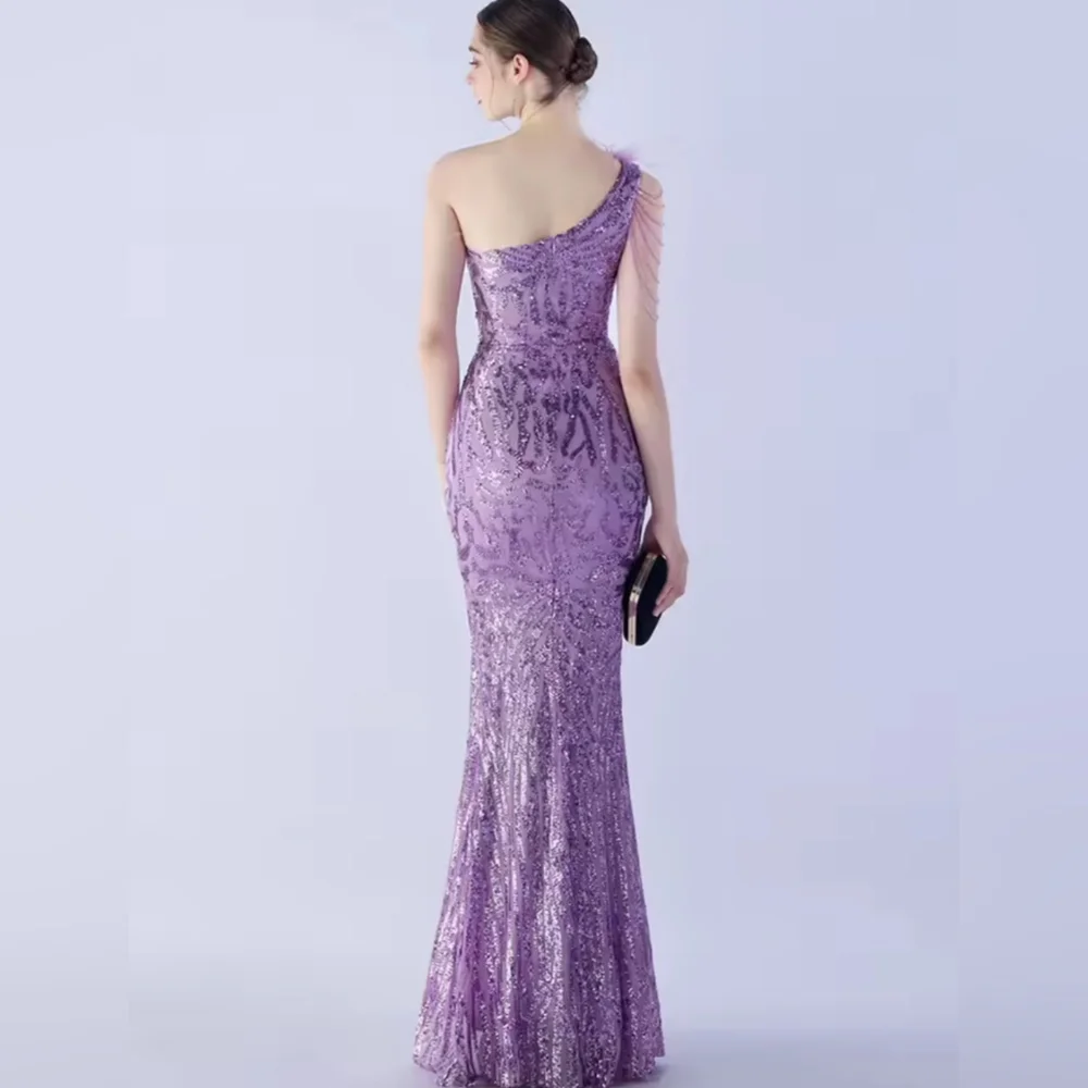 Purple, Geo Print, Assymmetrical Neck, Ostrich Feather, Beaded, Sequined Gown - Picture 3 of 16